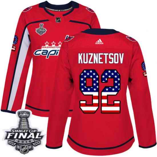 Adidas Capitals #92 Evgeny Kuznetsov Red Home Authentic USA Flag 2018 Stanley Cup Final Women's Stitched NHL Jersey